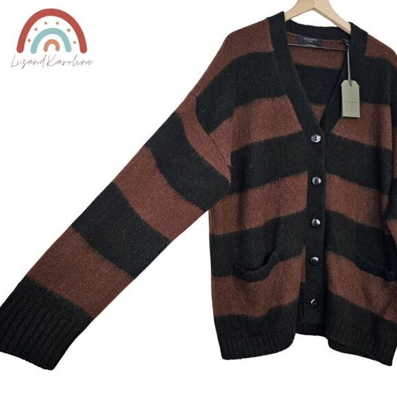New! AllSaints Lou Stripe Wool Italian Brushed Knit Cardigan Oversized Sweater - Picture 9 of 14